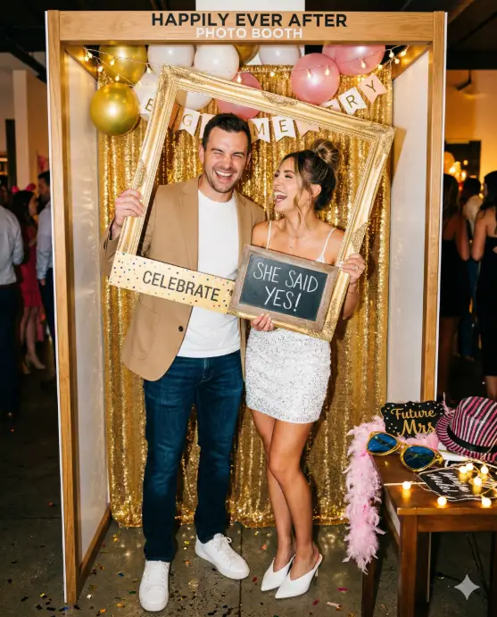Create a photo of an engaged couple posing together inside a decorated photo booth at their engagement party, both laughing and being playful. The man is holding a large gold cardboard frame around both of them with one hand and making a funny face, wearing a fitted tan blazer over a white t-shirt with dark jeans and white sneakers. The woman is holding a prop sign that says "She Said Yes" and laughing with her head tilted back, wearing a short white sequined dress with spaghetti straps and white pointed-toe mules, her hair in a high messy bun with loose pieces around her face. The photo booth backdrop is a shimmering gold sequin curtain with a small table nearby holding more props like oversized sunglasses, feather boas, and a chalkboard sign. The booth is lit with bright, even flash lighting that makes the sequins and their expressions pop. The camera is straight on at eye level, capturing the full booth frame. Bright, fun, punchy tones with vivid colors and sharp detail. Shot with a 35mm lens, deep depth of field, party photography style. Use aspect ratio 4:5.