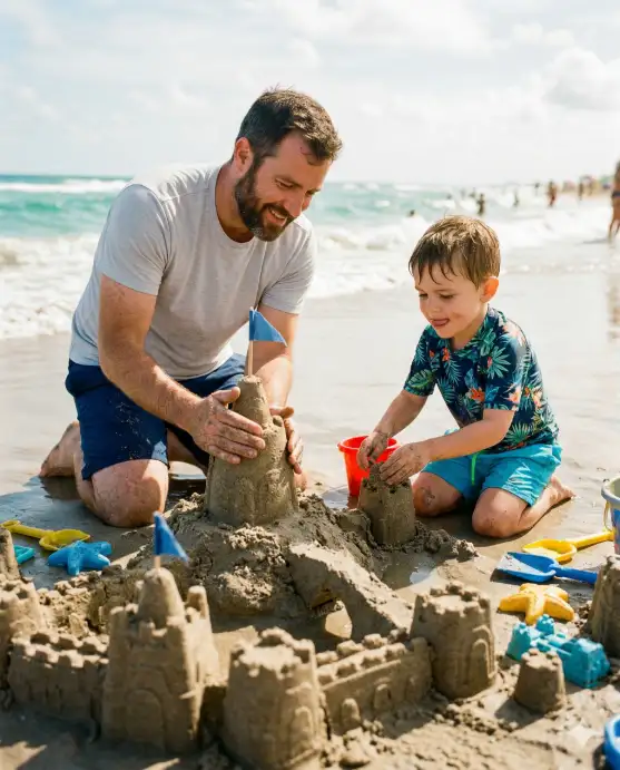 Create a vibrant photo of a father and his young son kneeling in the sand on a beach, working together to build a large sandcastle. The father is shaping a tower with his hands while the boy uses a small plastic bucket to add wet sand to another section, tongue sticking out slightly in concentration. The father is wearing a light grey t-shirt and navy blue board shorts, and the boy is in a tropical print swim shirt and bright blue trunks. Both have sandy hands and knees. A few colorful plastic shovels and molds are scattered around them. The camera is at sand level, shooting from across the sandcastle to frame both faces behind their creation. Bright, warm sunlight with the turquoise ocean and white foam waves visible in the background. Vivid, saturated beach tones with a cheerful lifestyle aesthetic. Shot with a 35mm lens, medium depth of field. Use aspect ratio 4:5.