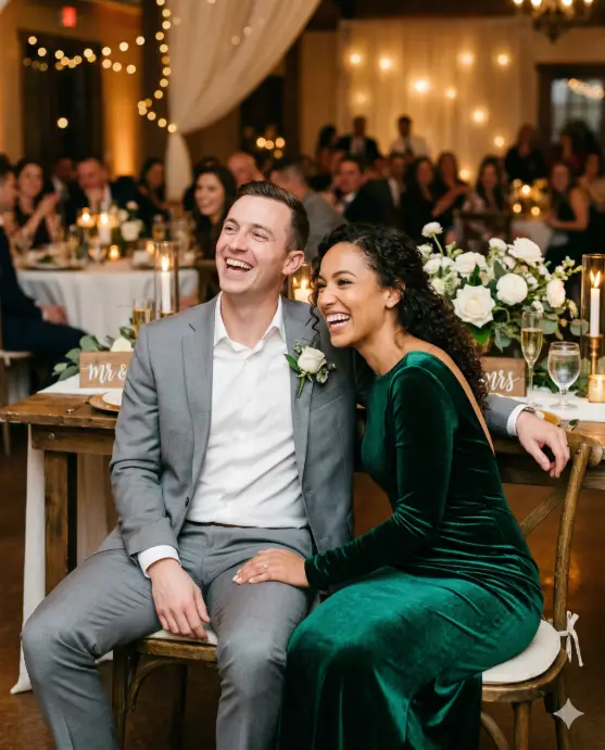 Create a candid photo of an engaged couple sitting next to each other at a beautifully decorated sweetheart table at their engagement party, both caught mid-laugh as if someone just told a great joke. The man is wearing a slim-fit light gray suit with a white open-collar shirt and a small rose boutonniere on his lapel. The woman is wearing a fitted emerald green velvet dress with long sleeves and a low back, simple diamond stud earrings, and her hair in loose curls over one shoulder. His arm is draped casually over the back of her chair, and she is leaning into him with one hand on his thigh. The sweetheart table is dressed with a white linen cloth, a low centerpiece of white garden roses and candles in gold holders, two champagne flutes, and a small "Mr & Mrs" sign. Behind them, the warmly lit venue shows blurred round guest tables, string lights, and draped fabric. The camera is at eye level from a slightly off-center angle. Warm amber tones with soft bokeh from the background lights. Shot with an 85mm lens, very shallow depth of field, photojournalistic style. Use aspect ratio 4:5.