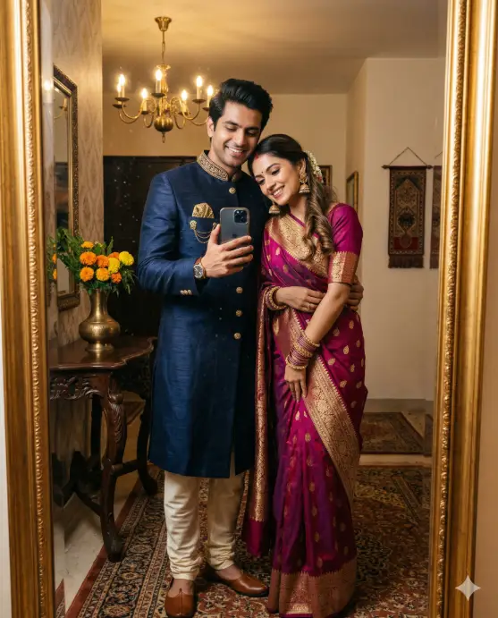 Create a realistic couple mirror selfie of a young Indian man and woman standing in front of a large ornate gold-framed mirror in a richly decorated room. The man is wearing a deep navy blue sherwani with gold thread embroidery and a matching pocket square, paired with cream churidar pants and brown leather juttis. The woman is wearing a magenta and gold silk saree with intricate zari border work, gold jhumka earrings, matching bangles, and a small bindi. He is holding the phone at chest level with one hand while his other arm is around her waist. She is leaning into him with a soft, elegant smile. The room has warm lighting from a brass chandelier, a dark wood console table with marigold flowers in a brass vase, and a richly colored rug on the floor. Warm, rich tones with a festive and regal mood. Shot at three-quarter length through the mirror. Use aspect ratio 4:5.