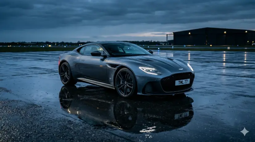 Create a photo of a gunmetal gray sports car parked on a wet airport tarmac at twilight, positioned at a wide front three-quarter angle. The car is low and wide, and its body reflects the deep blue-gray sky and the distant runway lights. Puddles on the tarmac create mirror-like reflections of the car and the sky. In the far background, blurred runway edge lights glow in rows of blue and white, and the silhouette of a distant hangar is barely visible. The camera is at ankle height on the tarmac surface, shooting slightly upward. Cool, steely blue color grading with subtle warm reflections from the runway lights. Sleek, high-end, editorial automotive photography. Shot with a 35mm lens, wide depth of field. Use aspect ratio 16:9.