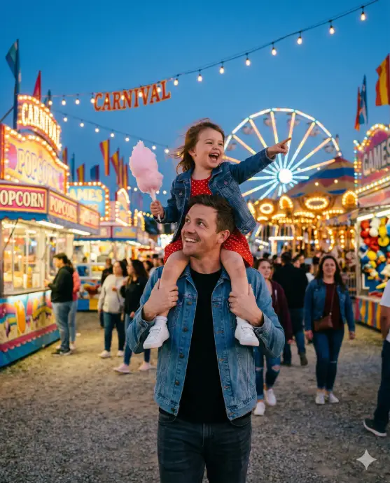 Create a photo of a father carrying his young daughter (around 4 years old) on his shoulders at a colorful outdoor fair at dusk. The daughter is holding a stick of cotton candy in one hand and pointing at something in the distance with the other, her face full of excitement. The father is looking up at her with a wide smile, one hand holding her ankle securely and the other resting at his side. He is wearing a casual denim jacket over a black t-shirt and dark jeans with white sneakers. The daughter is wearing a red polka dot dress with a small denim jacket and white sneakers. Behind them, the fair is alive with glowing carnival rides, colorful food stalls, and strings of warm bulb lights against a deep blue twilight sky. The camera is at the father's chest height, shooting slightly upward. Vibrant, warm tones with neon and golden accents from the fair lights. Shot with a 35mm lens, medium depth of field. Use aspect ratio 4:5.
