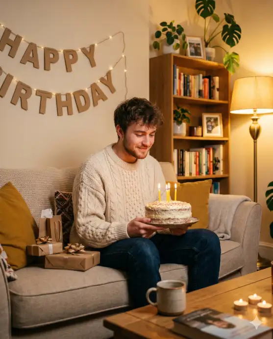 Create a photo of a young man sitting on a cozy beige couch in a warm living room, holding a birthday cake on his lap with both hands. He is wearing a comfortable oversized cream knit sweater and dark jeans. He is looking down at the lit candles on the cake with a soft, thoughtful smile. The living room has warm ambient lighting from a floor lamp and a few candles on the coffee table. Behind him on the wall is a simple "Happy Birthday" banner made of kraft paper letters strung on twine. A few wrapped presents sit on the couch beside him. The camera is at seated eye level, shooting from across the coffee table. Warm, golden, cozy indoor light with soft shadows. Intimate, candid, home lifestyle style. Shot with a 50mm lens. Use aspect ratio 4:5.