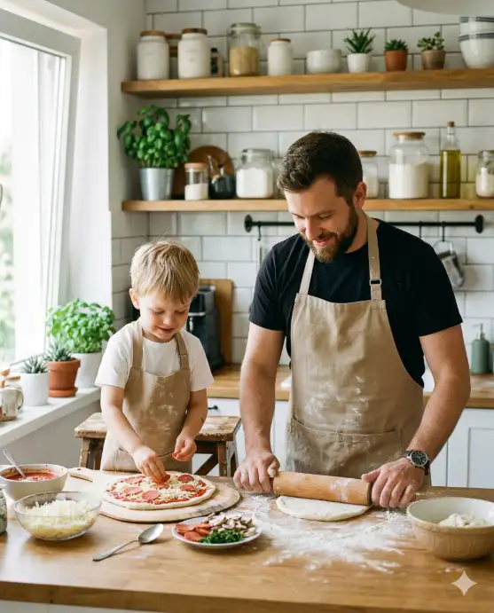 Create a lifestyle photo of a father and his young son standing at a kitchen counter making pizza together. The father is rolling out dough with a wooden rolling pin while the boy stands on a small wooden step stool beside him, carefully placing toppings on a second pizza base with a focused expression. The father is wearing a simple black t-shirt with a beige canvas apron tied at the waist, and the boy is wearing a white t-shirt with a matching smaller apron, both dusted with flour. The kitchen has white subway tile backsplash, wooden countertops, and open shelving with jars and plants. The camera is positioned across the counter at chest height, shooting from a slight angle. Bright, natural light pours in from a large window to the left. Warm, airy tones with a clean lifestyle photography feel. Shot with a 35mm lens, medium depth of field. Use aspect ratio 4:5.