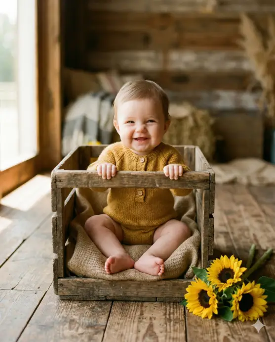 Create a photo of a 6-month-old baby sitting upright inside a small vintage wooden crate lined with a soft burlap cloth. The baby is wearing a mustard yellow knitted romper with small wooden buttons and no shoes, bare feet visible. The baby is holding onto the edge of the crate with both hands and looking directly at the camera with a big gummy smile. Three fresh sunflowers are placed on the right side of the crate on the floor. The background is a blurred rustic barn-style setting with warm wood paneling. The camera is at the baby's eye level. Warm golden natural light streaming in from the left side. Earthy, warm tones with pops of yellow. Lifestyle newborn photography style. Shot with an 85mm lens, creamy bokeh. Use aspect ratio 4:5.
