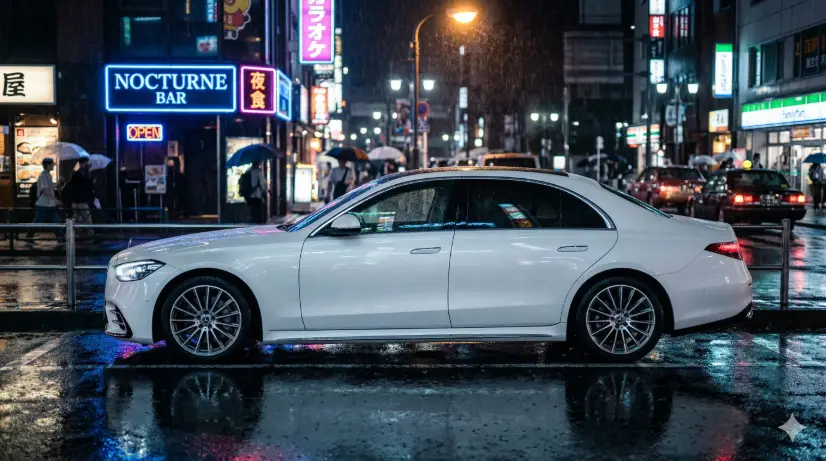 Create a photo of a pristine white luxury sedan parked on a wet city street at night, positioned at a straight side profile. The car's glossy paint reflects puddles on the asphalt and the glow of nearby neon signs in blue and pink. Raindrops are visible on the car's surface and windows. The background shows a blurred urban street with glowing storefronts, rain streaking through the light of a street lamp above, and wet pavement stretching in both directions. The camera is at hip height, shooting from the passenger side with a slight downward tilt. Cool-toned color grading with pops of warm neon reflections. Moody, cinematic, editorial automotive style. Shot with a 50mm lens, medium depth of field. Use aspect ratio 16:9.