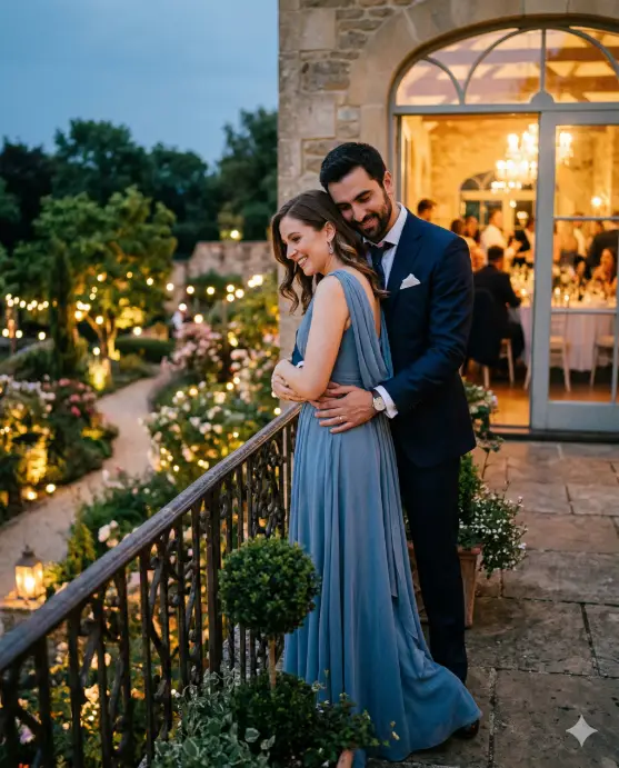 Create a photo of an engaged couple standing together on a stone balcony overlooking a garden at their engagement party venue during the evening. The man is wearing a dark navy suit with a white pocket square and his tie slightly loosened, standing behind her with both arms wrapped around her waist. The woman is wearing a long dusty blue chiffon dress with a draped back and silver drop earrings, leaning back against his chest with her hands resting on his arms, both looking out at the garden below with peaceful expressions. The balcony railing is made of ornate wrought iron with small potted topiary plants on either side. Below them, the garden is lit with warm ground lights and lanterns, and through the glass doors behind them, the warmly glowing interior of the party venue is faintly visible with guests moving inside. The camera is at chest height from a slight side angle, capturing them in a medium shot against the evening sky. Cool blue and warm amber tones with soft contrast between the outdoor evening light and the warm venue glow. Shot with a 50mm lens, medium depth of field, cinematic portrait style. Use aspect ratio 4:5.