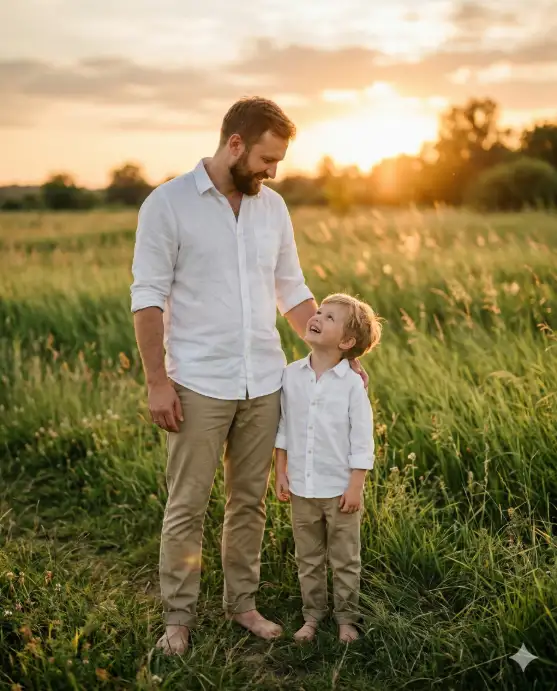 Create a photo of a father and his young son standing side by side in an open grassy field during golden hour. The father has his hand resting gently on the boy's shoulder, and the boy is looking up at his dad with a big smile. Both are wearing matching plain white linen shirts and khaki pants with bare feet. The father has a proud, relaxed expression. The camera is at the child's eye level, shooting slightly upward to capture both faces. Warm golden sunlight streams from behind them creating soft rim lighting and a natural lens flare. The background is a blurred expanse of tall green grass with a soft amber sky. Shot with an 85mm portrait lens, shallow depth of field, warm family portrait aesthetic. Use aspect ratio 4:5.