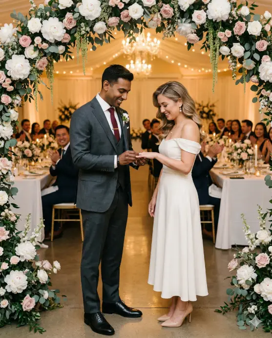 Create a photo of a couple at their engagement party, the man gently sliding a diamond ring onto the woman's finger while she looks down at her hand with a soft, emotional smile. He is wearing a fitted charcoal three-piece suit with a crisp white dress shirt, a slim burgundy tie, and polished black oxford shoes. She is wearing an elegant ivory off-shoulder midi dress with a fitted bodice and a flared skirt, pearl drop earrings, and nude pointed heels, her hair styled in soft Hollywood waves. They are standing under a large floral arch made of white peonies, blush roses, and trailing greenery at the front of a decorated banquet hall. Guests seated at round tables with white linen and gold accents are watching with smiles in the soft background. The camera is at chest height from a slight side angle, capturing both their hands and expressions in a medium close-up. Warm golden tones from overhead chandeliers and string lights. Shot with a 70mm lens, shallow depth of field, candid event photography style. Use aspect ratio 4:5.