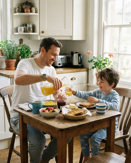 Create a natural lifestyle photo of a father and his young son sitting across from each other at a small wooden breakfast table in a sunlit kitchen. The father is pouring orange juice into the boy's glass while the boy reaches for a piece of toast from a plate in the center of the table. The table has a simple breakfast spread with a bowl of fruit, scrambled eggs, and two coffee mugs. The father is wearing a plain white t-shirt and grey sweatpants, and the boy is in a soft blue pajama set with messy morning hair. Both are smiling at each other in a relaxed, unposed way. The camera is at table height, shooting from the end of the table to capture both of them in a two-shot composition. Bright, soft morning light floods in from a large window to the right, creating gentle shadows and a warm glow on the table. Clean, airy, warm-toned family lifestyle aesthetic. Shot with a 35mm lens, natural light, medium depth of field. Use aspect ratio 4:5.
