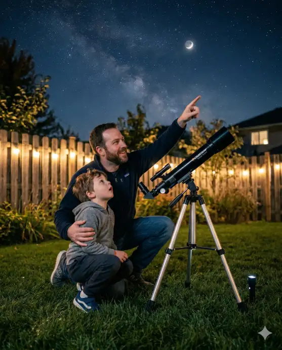 Create a photo of a father and his young son in their backyard at night, both crouching beside a small telescope on a tripod pointed at the sky. The father is kneeling with one arm around the boy's back, pointing upward at the stars with his other hand. The boy is looking up with wide eyes and his mouth slightly open in wonder. The father is wearing a dark navy zip-up fleece and jeans, and the boy is in a grey hoodie and sweatpants with small sneakers. The backyard has soft green grass, a wooden fence in the background, and a few warm string lights draped along the fence posts. The camera is at ground level, angled upward to include a clear night sky with visible stars and a crescent moon. Cool blue ambient light with warm pockets from the string lights. Shot with a 24mm wide-angle lens, deep depth of field, cinematic nighttime family aesthetic. Use aspect ratio 4:5.