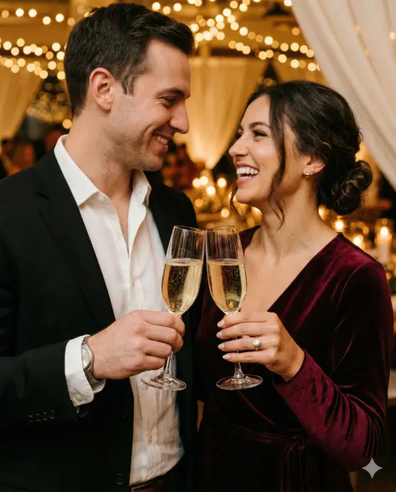 Create a close-up photo of an engaged couple clinking champagne flutes together at their engagement party, their faces visible just behind the glasses with warm smiles. The man is wearing a fitted black blazer over a white open-collar dress shirt with his sleeves slightly pushed up, showing a silver watch. The woman is wearing a deep burgundy velvet wrap dress with a V-neckline and small gold stud earrings, her hair styled in a textured low bun. The champagne glasses are catching the warm light, with tiny bubbles visible inside. Their hands are close together, her engagement ring sparkling on her left hand holding the glass. The background is a warm, blurred glow of the venue with golden string lights, candle-lit tables, and soft ivory drapes. The camera is at hand height, slightly below the glasses, angled upward to catch both the toast and their expressions. Warm, intimate, golden tones with rich bokeh. Shot with a 70mm lens, very shallow depth of field, editorial event style. Use aspect ratio 4:5.