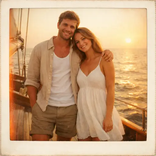 Create a vintage Polaroid photograph of a young couple standing on the deck of a wooden sailboat at golden hour. The man is wearing an unbuttoned linen shirt over a white tank top with rolled-up khaki shorts, and the woman is wearing a flowy white sundress with thin straps. She is leaning into his side with her arm around his waist, and he has his arm draped over her shoulder. Both are smiling naturally at the camera. The ocean stretches out behind them with soft golden light reflecting off the water. Warm amber and peach color tones, visible film grain, slight light leak on the left side of the frame, soft overexposed highlights. The edges of the photo are slightly rounded and faded like a real Polaroid print. Shot on Polaroid SX-70 film. Use aspect ratio 1:1.