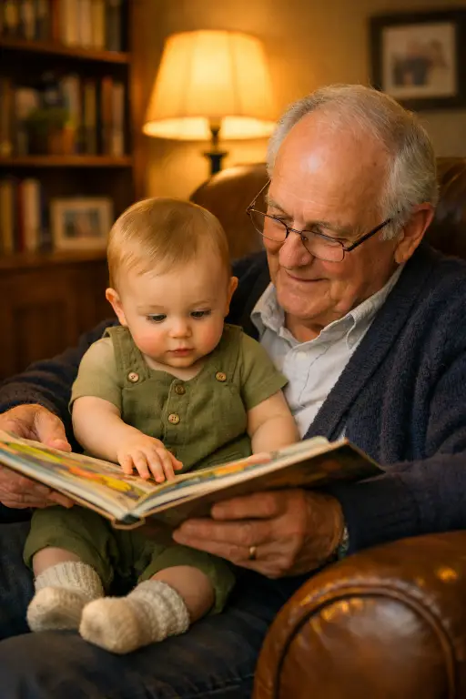 Create a photo of a baby boy around 10 months old sitting on his grandfather's lap in a large leather armchair, both looking down at a colorful picture book held open in the grandfather's hands. The baby is wearing a soft olive green cotton romper with tiny brown buttons and knitted cream socks. The grandfather is wearing a cozy navy blue cardigan over a white collared shirt and reading glasses resting on his nose. The baby has one small hand placed on the page of the book and is looking at it with wide curious eyes. The camera is positioned at armrest height, shooting at a slight angle from the side to capture both faces and the book. Warm, golden lamp light from a floor lamp behind the chair creates a soft glow around them. The background shows a cozy living room with a wooden bookshelf filled with books, a potted plant, and a framed family photo on the wall, all softly blurred. Warm, intimate, storytelling-style family photography with rich amber and earthy tones. Shot with a 50mm lens, shallow depth of field. Use aspect ratio 4:5.