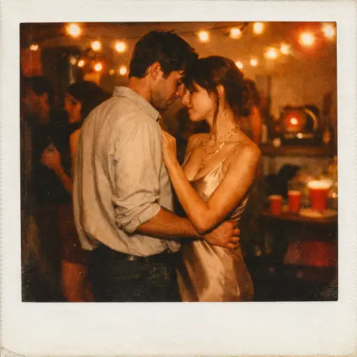 Create a vintage Polaroid photograph of a couple slow dancing in the middle of a dimly lit house party. The man is wearing a half-tucked button-up shirt and dark pants, and the woman is wearing a silky slip dress with delicate chain necklaces. Her forehead is resting against his, and their eyes are closed. Other partygoers are blurred in the background, along with warm string lights, a record player on a shelf, and cups on a table. Warm amber and red tones, heavy film grain, soft motion blur around the edges, intimate low-light atmosphere, slight lens flare from the string lights. Shot on Polaroid 600 film. Use aspect ratio 1:1.