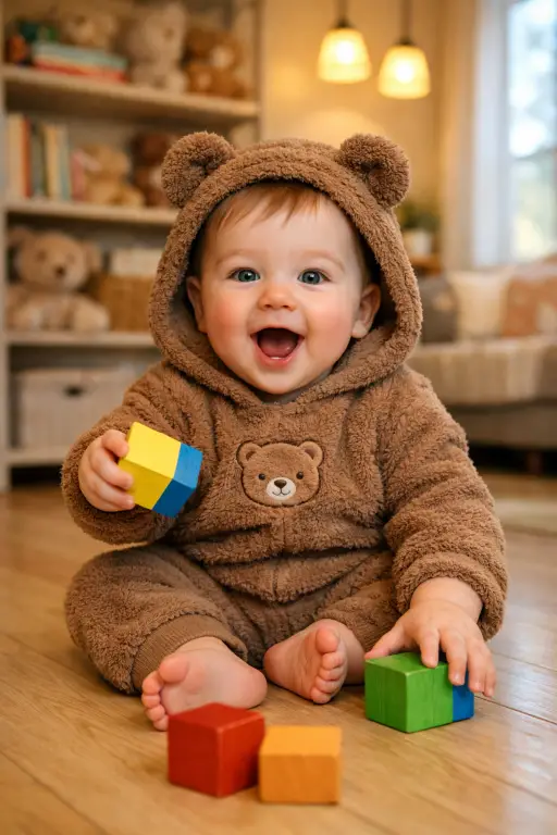 Create a photo of a baby boy around 9 months old sitting on a light wood floor, wearing a cozy brown bear-ear hooded onesie with a small bear face embroidered on the chest. He is holding a colorful wooden block in one hand and reaching for another one on the floor with the other hand. His mouth is open in an excited expression and his cheeks are round and rosy. The camera is at the baby's eye level, shooting straight on from about three feet away. Warm indoor lighting from overhead pendant lights with soft natural light coming from a window to the right. The background shows a cozy nursery with open shelves holding books and stuffed animals, slightly blurred. Warm, playful, lifestyle photography style. Shot with a 35mm lens. Use aspect ratio 4:5.