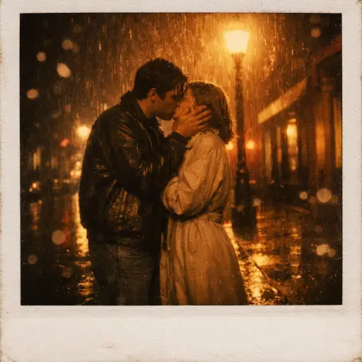 Create a vintage Polaroid photograph of a couple kissing in the rain on a quiet city sidewalk at night. The man is wearing a dark leather jacket and jeans, and the woman is wearing a long beige trench coat over a simple dress. He is holding her face gently with both hands. Rain is visible falling through the glow of a warm streetlamp behind them, with wet reflections shimmering on the pavement. Their hair and clothes are slightly wet. Moody warm tones with amber and deep gold highlights, heavy film grain, soft focus, slight vignette around the edges, water droplets visible on the lens. Shot on Polaroid 600 film. Use aspect ratio 1:1.