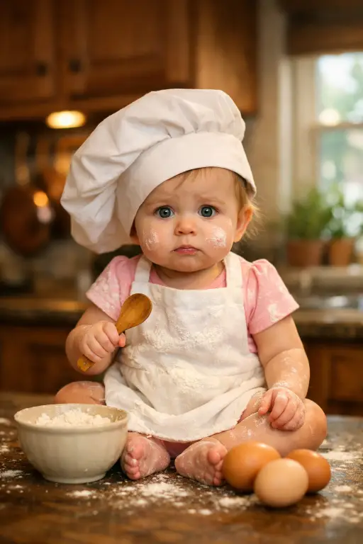 Create a photo of a baby girl around 10 months old sitting on a kitchen countertop, wearing a white chef hat that is slightly too big and tilting to one side, and a small white apron over a pink onesie. She is holding a small wooden spoon in one hand and has flour dusted on her cheeks and the apron. There is a small mixing bowl and a few eggs on the counter beside her. She is looking at the camera with a confused but adorable expression. The camera is at counter height, shooting straight on. Warm kitchen lighting from above with soft natural window light from the side. The background shows a cozy kitchen with wooden cabinets, hanging copper pots, and a blurred window with herbs on the sill. Warm, playful, styled baby photography with rustic tones. Shot with a 50mm lens. Use aspect ratio 4:5.