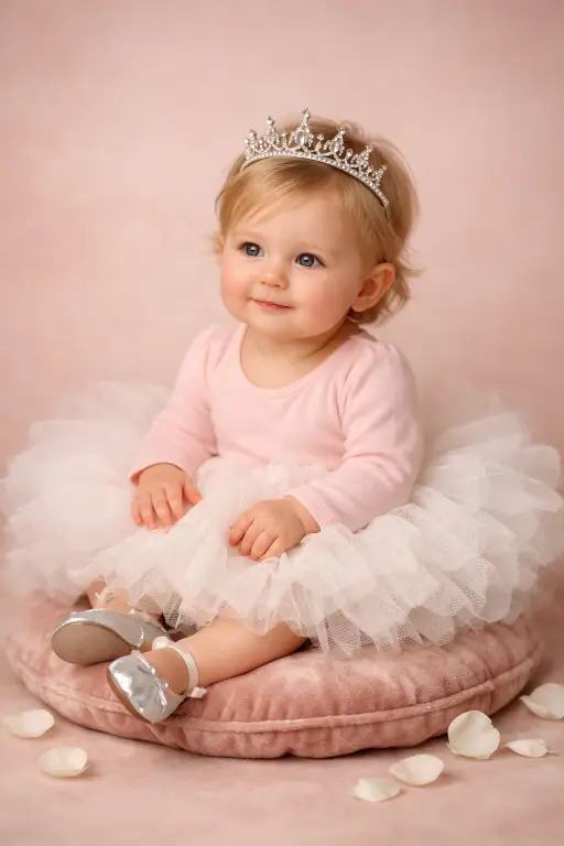 Create a photo of a baby girl around 12 months old sitting on a plush velvet cushion on the floor, wearing a fluffy white tulle tutu, a soft pink long-sleeve bodysuit underneath, tiny silver ballet shoes, and a small sparkling crystal tiara on her head. She is looking slightly to the left with a sweet gentle expression and both hands resting on the tutu fabric. The camera is at eye level, slightly angled to the right. Soft, diffused studio lighting from the front and above with a subtle warm tone. The background is a soft blush pink seamless paper backdrop with a few scattered white rose petals on the floor around the cushion. Elegant, styled, fine art baby portrait with a fairy tale feel. Shot with an 85mm lens, creamy soft bokeh. Use aspect ratio 4:5.
