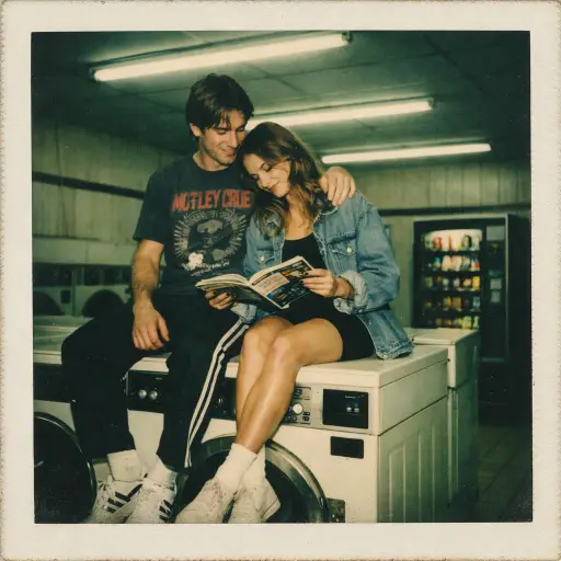 Create a vintage Polaroid photograph of a couple sitting on top of washing machines in a retro laundromat late at night. The man is wearing a vintage graphic tee and track pants with sneakers, and the woman is wearing an oversized denim jacket over bike shorts and a crop top. She is holding a magazine and leaning against him while he has his arm around her, looking down at her with a half smile. The laundromat has rows of white washing machines, harsh fluorescent ceiling lights, a vending machine in the corner, and a tiled floor. Cool fluorescent light mixed with warm film tones, heavy grain, slightly greenish color cast, visible vignette, mundane-yet-aesthetic mood. Shot on Polaroid SX-70 film. Use aspect ratio 1:1.