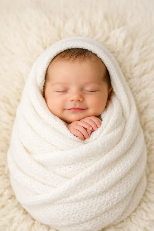 Create a close-up photo of a newborn baby sleeping peacefully, tightly wrapped in a soft white knitted blanket with only the face and tiny hands visible. The baby is lying on a plush cream-colored fur rug on a flat surface. The baby's eyes are gently closed with a slight natural smile. The camera angle is directly overhead, shooting straight down. Soft, diffused natural light coming from the left side creates gentle shadows on the blanket folds. The background is minimal and clean with warm ivory tones. The overall mood is calm, tender, and magazine-quality newborn photography. Shot with an 85mm lens, shallow depth of field. Use aspect ratio 4:5.