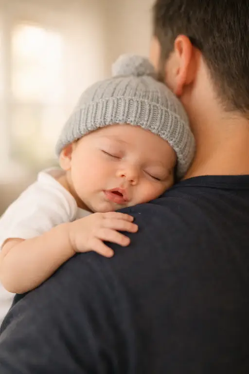 Create a photo of a baby boy around 2 months old sleeping on his father's shoulder, wearing a soft gray knitted beanie with a small pom-pom on top and a white cotton bodysuit. The baby's face is turned toward the camera with eyes closed, lips slightly parted, and one tiny hand resting on the father's shoulder. The father is wearing a dark navy henley shirt and is visible from the shoulder up, slightly out of focus. The camera is at shoulder height, positioned close for a tight crop. Soft, warm light from a large window in the background creates a gentle glow around both of them. The background is a bright, airy living room blurred into soft tones. Tender, quiet, lifestyle newborn photography with muted warm tones. Shot with an 85mm lens, very shallow depth of field. Use aspect ratio 4:5.