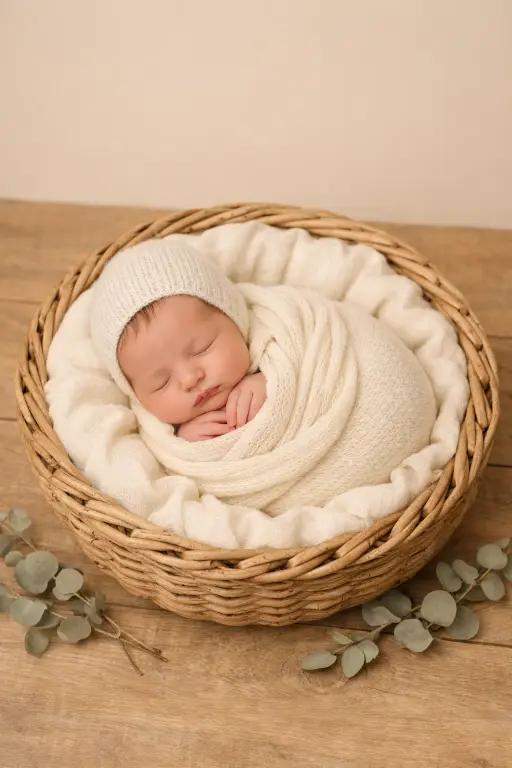 Create a photo of a newborn baby sleeping curled up inside a round woven wicker basket lined with a soft cream muslin cloth. The baby is wearing a simple cream-colored knitted bonnet and matching wrap. The baby's tiny hands are folded under the chin. The basket is placed on a wooden floor with a few scattered dried eucalyptus sprigs around it. The camera is positioned at a 45-degree angle above, looking down into the basket. Soft, even studio lighting from both sides with no harsh shadows, creating a clean and airy feel. The background is a warm beige seamless surface. Minimal, elegant, newborn studio photography aesthetic. Shot with a 50mm lens. Use aspect ratio 4:5.