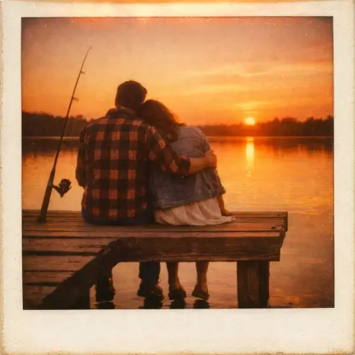 Create a vintage Polaroid photograph of a couple sitting at the end of a wooden pier with their legs dangling over the edge, watching the sunset over a calm lake. The man is wearing a flannel shirt and jeans, and the woman is wearing a denim jacket over a cotton dress. She is resting her head on his shoulder and he has his arm around her back. A fishing rod is propped up against the railing beside them. The sky is deep orange and pink reflecting on the still water. Warm golden and amber tones, heavy film grain, soft hazy glow, slight light leak across the top, peaceful nostalgic mood. Shot on Polaroid 600 film. Use aspect ratio 1:1.