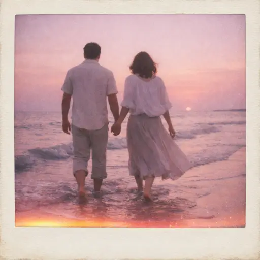 Create a vintage Polaroid photograph of a couple walking along the shoreline at dusk, holding hands with their feet in the shallow water. The man is wearing rolled-up linen pants and an open short-sleeve button-up shirt, and the woman is wearing a long flowy skirt and a loose cotton blouse that moves with the breeze. They are photographed from behind, walking away from the camera toward the horizon. The sky is soft pink and lavender with the sun almost gone, and gentle waves lap at their ankles. Faded pastel tones, soft warm grain, slight light leak across the bottom edge, hazy dreamlike quality. Shot on Polaroid 600 film. Use aspect ratio 1:1.