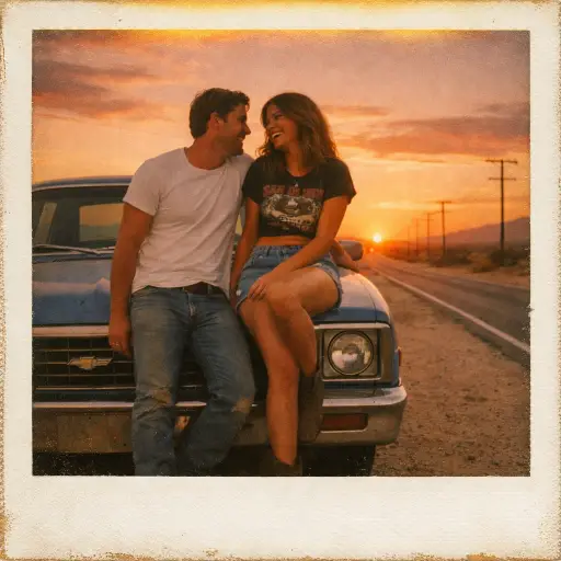 Create a vintage Polaroid photograph of a couple leaning against the hood of a faded blue 1970s Chevrolet parked on the side of a desert highway at sunset. The man is wearing a plain white t-shirt and faded jeans with boots, and the woman is wearing high-waisted denim shorts and a cropped vintage band tee. She is sitting on the hood with her legs crossed, and he is standing beside her with one hand resting on the car. They are looking at each other and laughing. The sky behind them is deep orange and pink with long shadows stretching across the road. Warm sun-bleached color palette, heavy film grain, faded edges, slight yellow light leak across the top of the frame. Shot on Polaroid 600 film. Use aspect ratio 1:1.