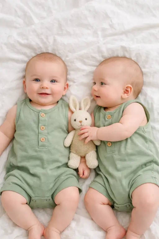 Create a photo of twin babies around 5 months old lying side by side on a soft white cotton blanket, both wearing matching sage green cotton rompers with tiny wooden buttons. One baby is looking at the camera and the other is looking at their twin with a hand reaching toward them. Both babies have round cheeks and bright eyes. The camera is positioned directly overhead, looking straight down at the babies. Soft, even natural window light from above with no harsh shadows. The white blanket is slightly wrinkled around them, and a small knitted stuffed bunny is placed between them. Clean, bright, modern baby photography style with soft neutral and green tones. Shot with a 35mm lens. Use aspect ratio 4:5.