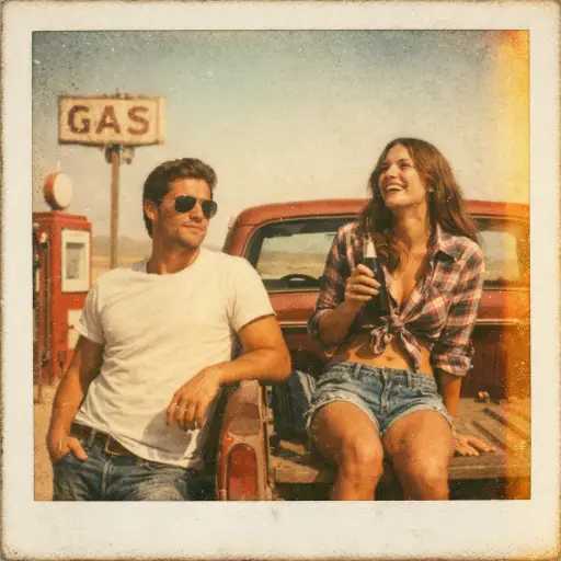 Create a vintage Polaroid photograph of a couple at a retro gas station on a long desert road. The man is leaning against the side of a dusty red vintage pickup truck wearing aviator sunglasses, a plain white tee, and jeans. The woman is sitting in the open truck bed wearing denim cutoffs and a knotted flannel shirt, holding a glass bottle of soda and laughing. A vintage gas pump and a faded station sign are visible in the background with a wide open sky. Harsh midday sun, washed out sky, dusty warm tones, heavy film grain, sun-bleached color palette, slight yellow light leak on the right edge. Shot on expired Polaroid film. Use aspect ratio 1:1.