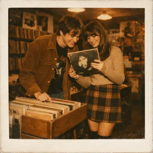 Create a vintage Polaroid photograph of a couple standing side by side in a small, cluttered record store, flipping through vinyl records in a wooden crate. The man is wearing a corduroy jacket over a band t-shirt with dark jeans, and the woman is wearing a turtleneck sweater and a plaid mini skirt with knee-high boots. She is holding up a record to show him and he is leaning in to look at it with a grin. The background is filled with shelves stacked with records, posters on the walls, and warm overhead lighting. Indoor tungsten warmth, slightly underexposed, heavy film grain, muted earth tones, soft amber color cast. Shot on Polaroid SX-70 film. Use aspect ratio 1:1.