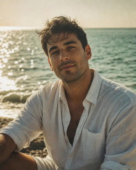 Create a film-style portrait of a man in his late 20s sitting on a quiet beach at late afternoon, looking softly into the camera with a relaxed half-smile. He is wearing a slightly oversized crisp white linen button-up shirt with the top two buttons undone and the sleeves rolled to the elbows. His dark hair is short on the sides and slightly longer on top, lightly windblown with a few strands falling on his forehead. He has a clean light stubble beard. Shoot at eye level with the ocean filling the entire background, sunlight glittering on the water in soft sparkles. Use warm afternoon light with visible film grain, a slight color shift toward green and amber, and a soft analog haze. The mood should feel quiet, candid, and effortlessly Instagram. Use aspect ratio 4:5.