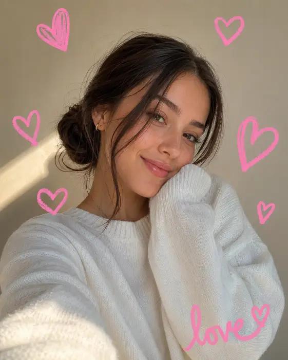 Create a vertical selfie-style photo of a young woman smiling softly at the camera, holding her phone slightly tilted with one hand near her face. She's wearing an oversized white sweater, soft pink lip gloss, and her hair loosely pulled into a low bun with a few strands framing her face. The camera angle is just above eye level, like a typical phone selfie. Lighting is soft and natural, like late morning window light. The background is a creamy beige wall with a hint of sunlight. Add hand-drawn pink heart doodles floating around her head and shoulders, plus a small scribbled word "love" near the bottom corner. The doodles should look like they were drawn with a chunky marker on top of a printed photo. Overall mood is warm, soft, and personal. Use aspect ratio 4:5.