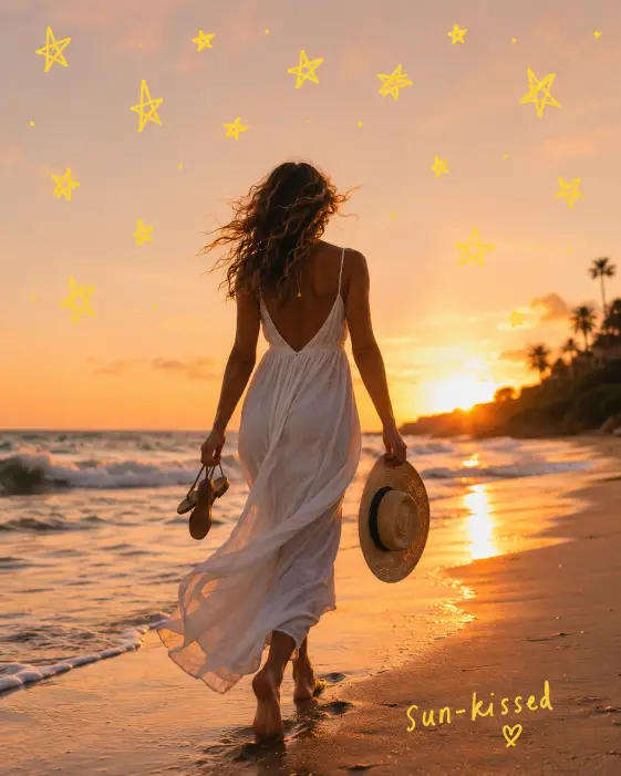 Create a vertical photo of a young woman walking along the shoreline barefoot, holding her sandals in one hand and her sun hat in the other. She's wearing a flowy white linen dress that catches the wind, and a simple gold chain necklace. Her hair is wavy and slightly windswept. The camera angle is from behind at a low angle, capturing her silhouette against the ocean. Lighting is bright golden hour with the sun setting on the horizon. The background shows soft waves, wet sand, and a peach sky. Add hand-drawn yellow star doodles scattered across the sky and a small hand-written caption "sun-kissed" near the bottom in playful script. The doodles should look like a marker drew them directly onto the photo. Use aspect ratio 4:5.