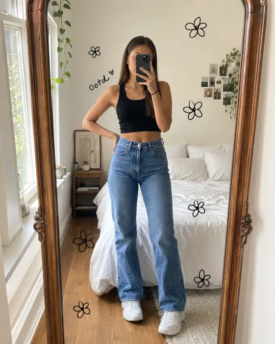 Create a full-body mirror selfie of a young woman standing in front of a tall vintage mirror, one hand holding her phone in front of her face and the other resting on her hip. She's wearing a black ribbed crop top, high-waisted blue jeans, and chunky white sneakers. Her hair is straightened and parted in the middle. The camera angle is straight-on through the mirror reflection. Lighting is bright natural daylight from a window to the side. The background shows a cozy bedroom with soft white sheets and a wooden floor. Add simple black hand-drawn flower outlines scattered around her body and a small scribble that says "ootd" near her shoulder. The doodles should look like quick pen drawings on top of a printed photo. Use aspect ratio 4:5.