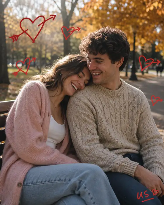 Create a candid photo of a young couple sitting close together on a park bench, the woman leaning her head on the man's shoulder and both of them laughing. She's wearing a soft pink cardigan over a white tank top and light blue jeans. He's wearing a beige cable knit sweater and dark jeans. The camera angle is at eye level, slightly off to the side. Lighting is soft autumn afternoon sun filtering through trees. The background shows blurred orange and yellow leaves and a paved walking path. Add hand-drawn red doodle hearts with arrows through them floating between and around them, plus a small handwritten word "us" tucked near the bottom corner. The doodles should look like marker drawings layered on top of a printed photo. Use aspect ratio 4:5.
