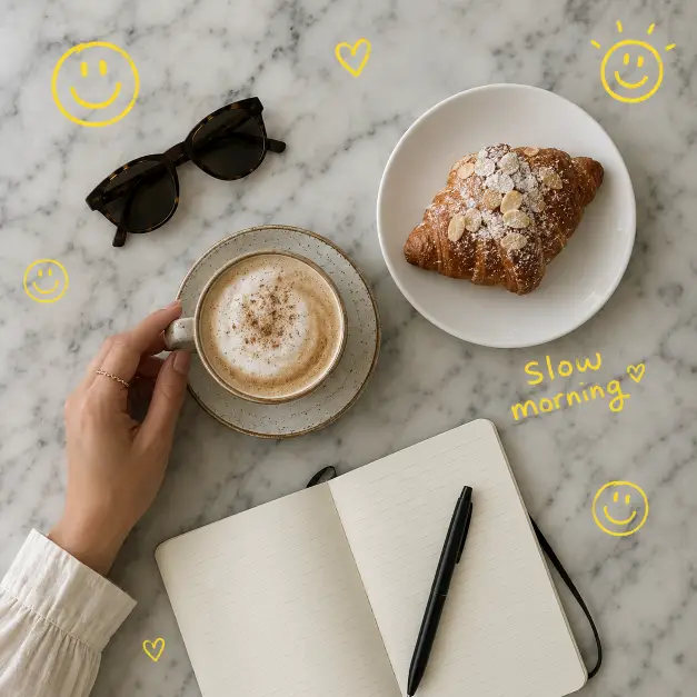 Create a flat lay overhead photo of a marble café table with a cappuccino in a ceramic cup, a small almond croissant on a white plate, a pair of sunglasses, and an open notebook with a pen on top. A woman's hand with a delicate gold ring is reaching toward the coffee cup. The camera angle is directly overhead, perfectly flat. Lighting is soft natural light from a nearby window. The background is the polished marble surface with subtle gray veining. Add hand-drawn yellow smiley face doodles scattered around the items and a small scribbled caption "slow morning" near the croissant in casual handwriting. The doodles should look like a marker drew them on top of the printed photo. Use aspect ratio 1:1.