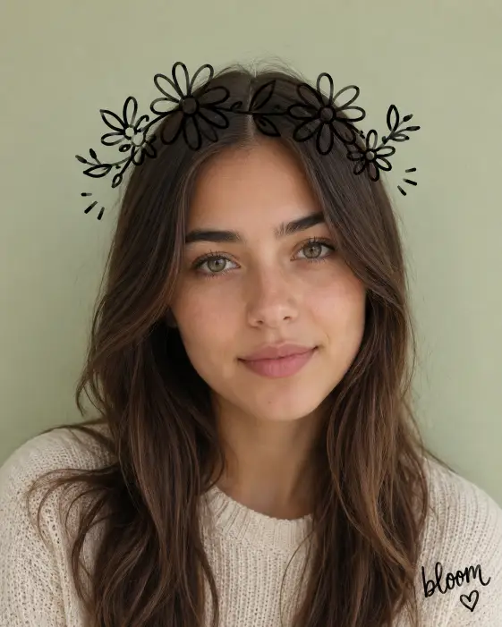 Create a close-up portrait of a young woman looking directly into the camera with a calm, soft expression. She's wearing a simple cream knit top, no jewelry, and her hair is parted in the middle and falls naturally over her shoulders. The camera angle is at eye level, straight on. Lighting is soft and even, like an overcast day or a cloudy window. The background is a plain pale green wall. Add a hand-drawn flower crown doodle sitting on top of her head, made of simple daisies and small leaves in black marker outline, plus a small handwritten word "bloom" near the bottom corner. The doodles should look like marker drawings layered on top of a printed photo. Use aspect ratio 4:5.