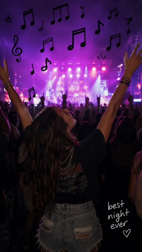 Create a vertical photo of a young woman at a live concert, both arms raised in the air with her head tilted back as she sings along. She's wearing a black graphic t-shirt, ripped denim shorts, and layered silver chain necklaces. Her hair is loose and slightly messy. The camera angle is from behind her at shoulder height, capturing the stage in the distance. Lighting is dark with bright purple and pink stage lights washing over the crowd. The background shows a sea of raised hands and a blurred stage with colorful lights. Add hand-drawn black music note doodles floating across the top of the frame, plus a small handwritten caption "best night ever" near the bottom. The doodles should look like marker drawings on top of a printed photo. Use aspect ratio 9:16.