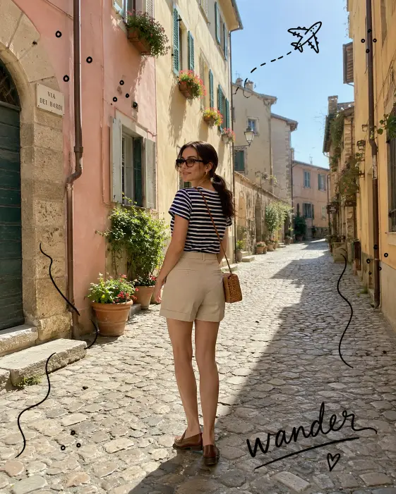 Create a vertical photo of a young woman standing on a narrow cobblestone street in a European old town, looking back over her shoulder toward the camera. She's wearing a striped navy and white shirt, beige tailored shorts, brown leather loafers, and a small woven crossbody bag. Her hair is in a low ponytail. The camera angle is at eye level from behind, about ten feet away. Lighting is bright Mediterranean afternoon sun. The background shows pastel-colored buildings, flower boxes in windows, and a cobblestone path. Add hand-drawn black squiggle lines, small dots, and a tiny doodled airplane near the top corner, plus a handwritten caption "wander" near the bottom. The doodles should look like marker drawings on top of a printed photo. Use aspect ratio 4:5.