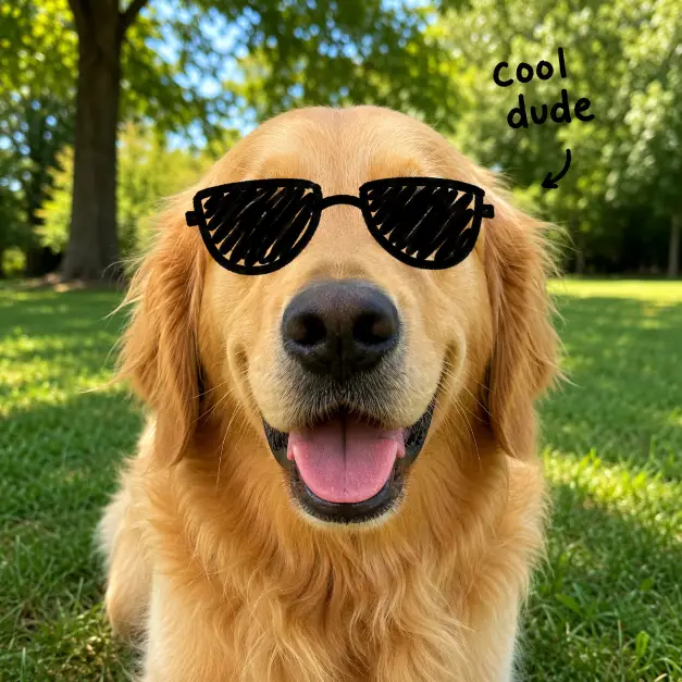 Create a close-up photo of a golden retriever sitting on a green lawn, looking directly into the camera with a happy open-mouth smile and tongue slightly out. The camera angle is at the dog's eye level, low to the ground. Lighting is bright sunny afternoon. The background shows soft green grass and blurred trees. Add hand-drawn black cartoon sunglasses doodled over the dog's eyes, plus a tiny scribbled caption "cool dude" near its ear in playful handwriting. The doodles should look like a marker drew them right on top of a printed photo. Use aspect ratio 1:1.