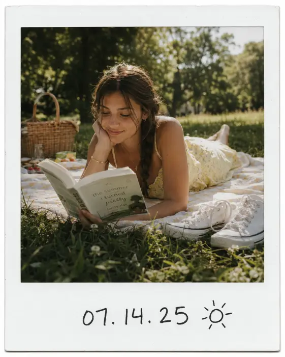 Create a vertical photo styled to look like a Polaroid, with a thick white border around the image. The photo inside shows a young woman lying on a picnic blanket in a grassy park, propped up on one elbow and reading a paperback book. She's wearing a soft yellow sundress, white sneakers kicked off beside her, and a thin gold bracelet. Her hair is loosely braided over one shoulder. The camera angle is at ground level, looking across the blanket toward her. Lighting is warm afternoon sun filtering through trees. The background shows blurred green grass and a wicker picnic basket. On the bottom white border of the Polaroid, add a hand-written date "07.14.25" in casual black ink, plus a tiny doodled sun next to it. The doodles should look like real pen marks on a printed Polaroid. Use aspect ratio 4:5.