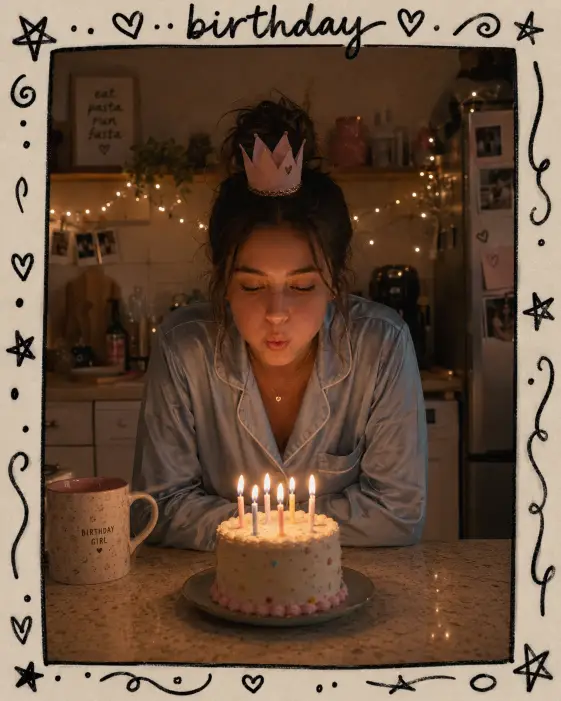 Create a vertical photo of a young woman blowing out candles on a small birthday cake at a kitchen counter. She's wearing a pastel blue silk pajama set, her hair is in a messy bun, and there's a tiny paper crown on her head. Her cheeks are puffed out as she leans in to blow the candles. The camera angle is at eye level from across the counter. Lighting is warm and dim, with the glow of the candles lighting her face. The background is a cozy kitchen with soft fairy lights strung along a shelf. Add a hand-drawn black doodle frame around the entire edge of the photo, decorated with small hearts, stars, swirls, and the handwritten word "birthday" at the top center of the frame. The doodles should look like marker drawings on the border of a printed photo. Use aspect ratio 4:5.