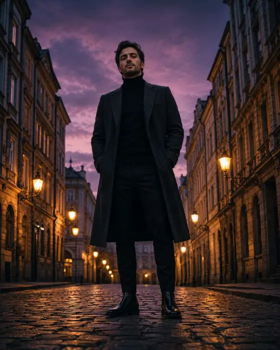 Create a portrait of a man in his early 30s standing in the middle of an empty street at dusk, feet shoulder-width apart with hands tucked into his pockets. He's wearing a long charcoal wool coat over a black turtleneck, slim black trousers, and polished leather boots. His expression is calm and confident, chin slightly lifted. Shoot from a low angle looking up at him, with the camera positioned near the ground. The background shows a row of old European-style buildings with warm tungsten street lamps and a soft purple sky overhead. Cinematic color grading with deep blues and warm amber highlights. Use aspect ratio 4:5.
