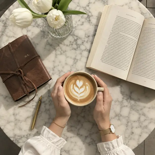 Create a flat lay photo shot from directly above a marble café table. A young woman's hands are visible holding a ceramic latte cup with foam art, her wrist showing a slim gold watch and a thin chain bracelet. Around the cup are a leather-bound journal, a brass fountain pen, a small vase with white tulips, and an open paperback novel. The table is soft cream marble with subtle gray veining. Lighting is soft natural daylight from a window, casting gentle shadows. The mood is calm, slow morning, journaling aesthetic. Use aspect ratio 1:1.