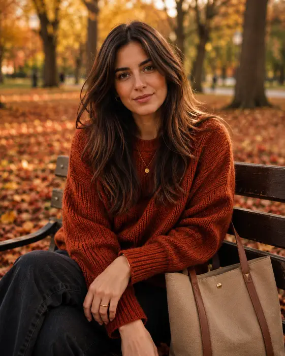 Create an editorial portrait of a woman in her late 20s sitting on a wooden park bench in autumn. She's wearing a rust-colored knit sweater, dark wide-leg jeans, and brown leather loafers, with a beige tote bag resting beside her. Her hair is in a loose middle part falling past her shoulders, and she's looking directly into the camera with a soft, neutral expression. Shoot at eye level, framing her from the waist up. The background is filled with golden and red fallen leaves, slightly blurred trees, and warm afternoon light filtering through branches. Warm color palette with rich oranges and browns. Use aspect ratio 4:5.