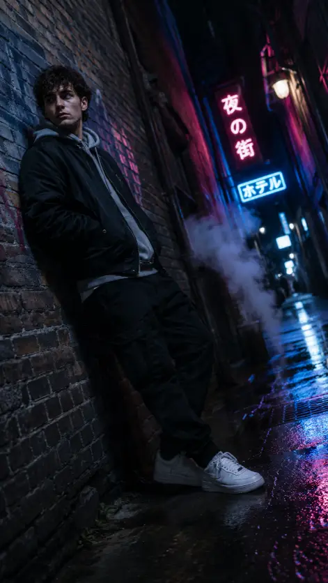 Create a moody street portrait of a young man leaning against a brick wall in a narrow alley at night. He's wearing a black bomber jacket over a gray hoodie, dark cargo pants, and white sneakers, with his hands shoved into his jacket pockets. He's looking off to the side with a serious, distant expression. Shoot with a Dutch tilt, the camera angled about 20 degrees so the wall and ground lean diagonally in the frame. The background has wet pavement reflecting neon signs in pink and blue, and steam rising from a vent nearby. Cool tones with neon highlights and deep shadows. Use aspect ratio 9:16.