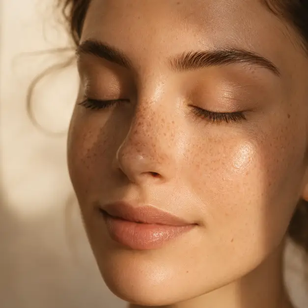 Create a close-up portrait of a woman's face from the nose up, her eyes closed and a soft smile playing at her lips. She has freckles scattered across her nose and cheeks, glowing dewy skin, and natural brown eyebrows. Soft natural light hits one side of her face, leaving the other in gentle shadow. The background is completely out of focus, just warm cream and beige tones. The mood is quiet, peaceful, beauty-editorial. Use aspect ratio 1:1.